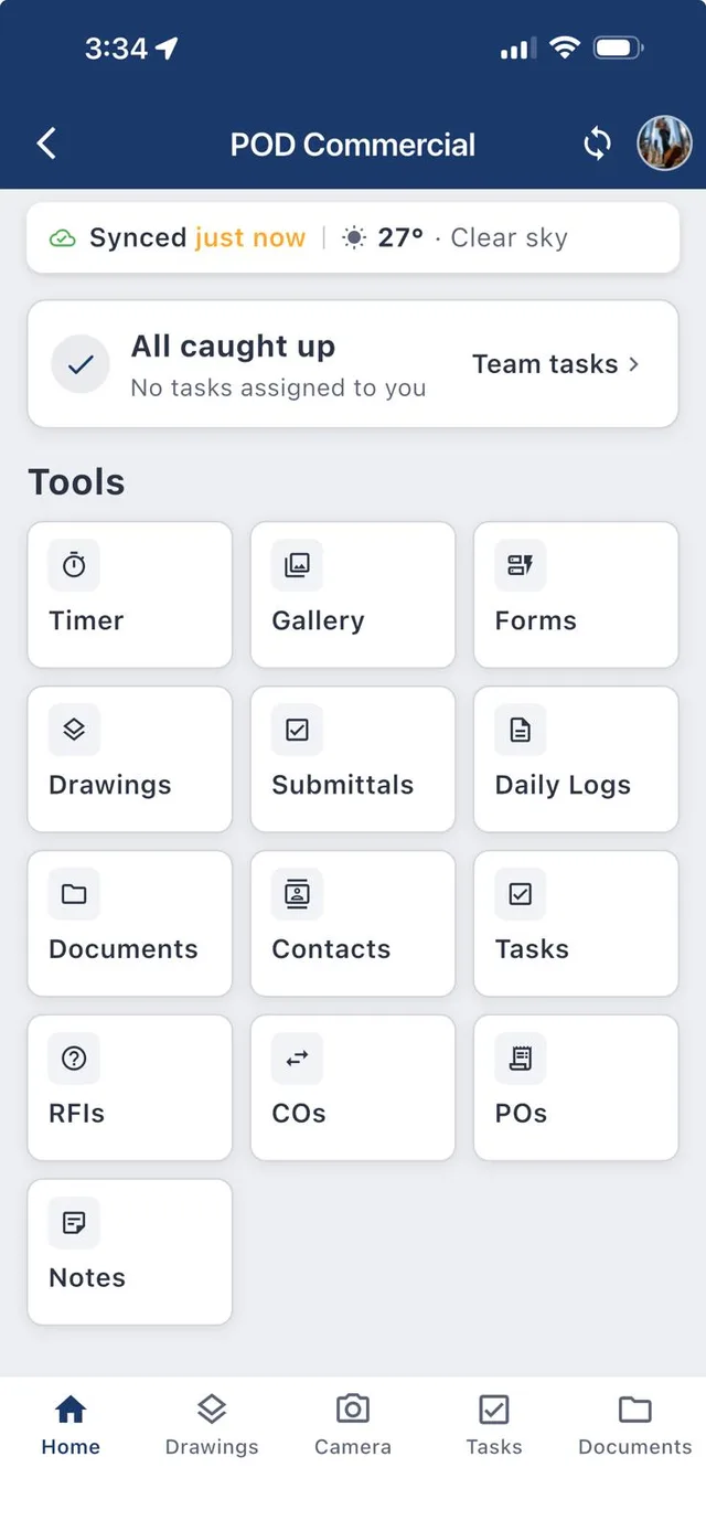 SubTrade mobile app project home screen showing synced status and tools: Timer, Gallery, Forms, Drawings, Submittals, Daily Logs, Documents, Tasks, RFIs, COs and POs