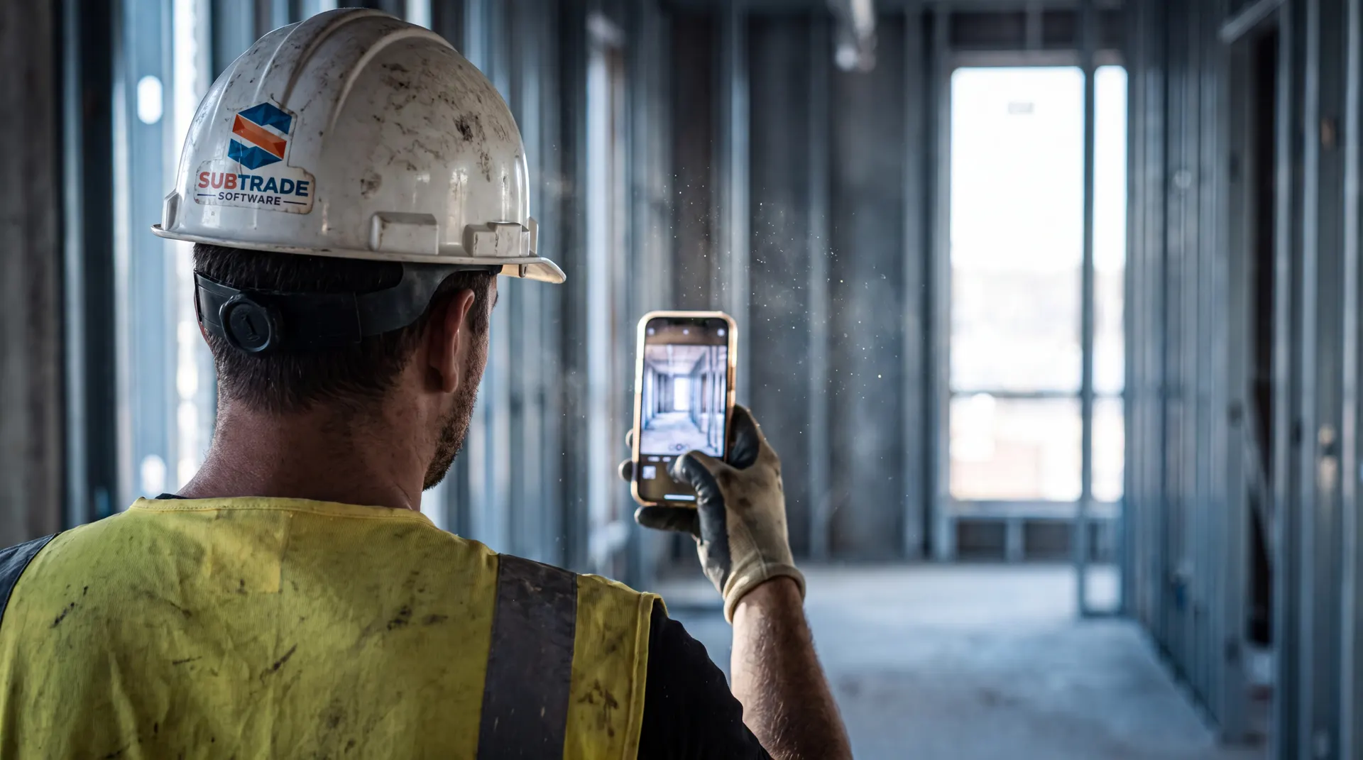 Worker on a commercial jobsite using the SubTrade app on a phone